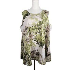 Bryn Walker XL Trapeze Tunic Top Cotton Sleeveless Tropical Green Tan Print
